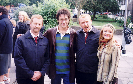 on set photos from Shaun of the Dead - doubles of dylan and simon pegg with simon pegg and lucy davis