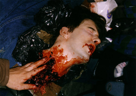 on set photos from Shaun of the Dead - dylan moran's beheaded head