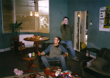 on set photos from Shaun of the Dead - ealing zombies on living room set