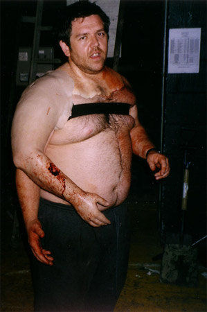 on set photos from Shaun of the Dead - nick frost and fake arm