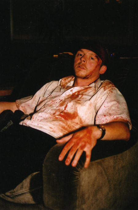 on set photos from Shaun of the Dead - a tired Simon Pegg